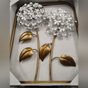 New Gold Metal Floral Wall Art with White Blossoms